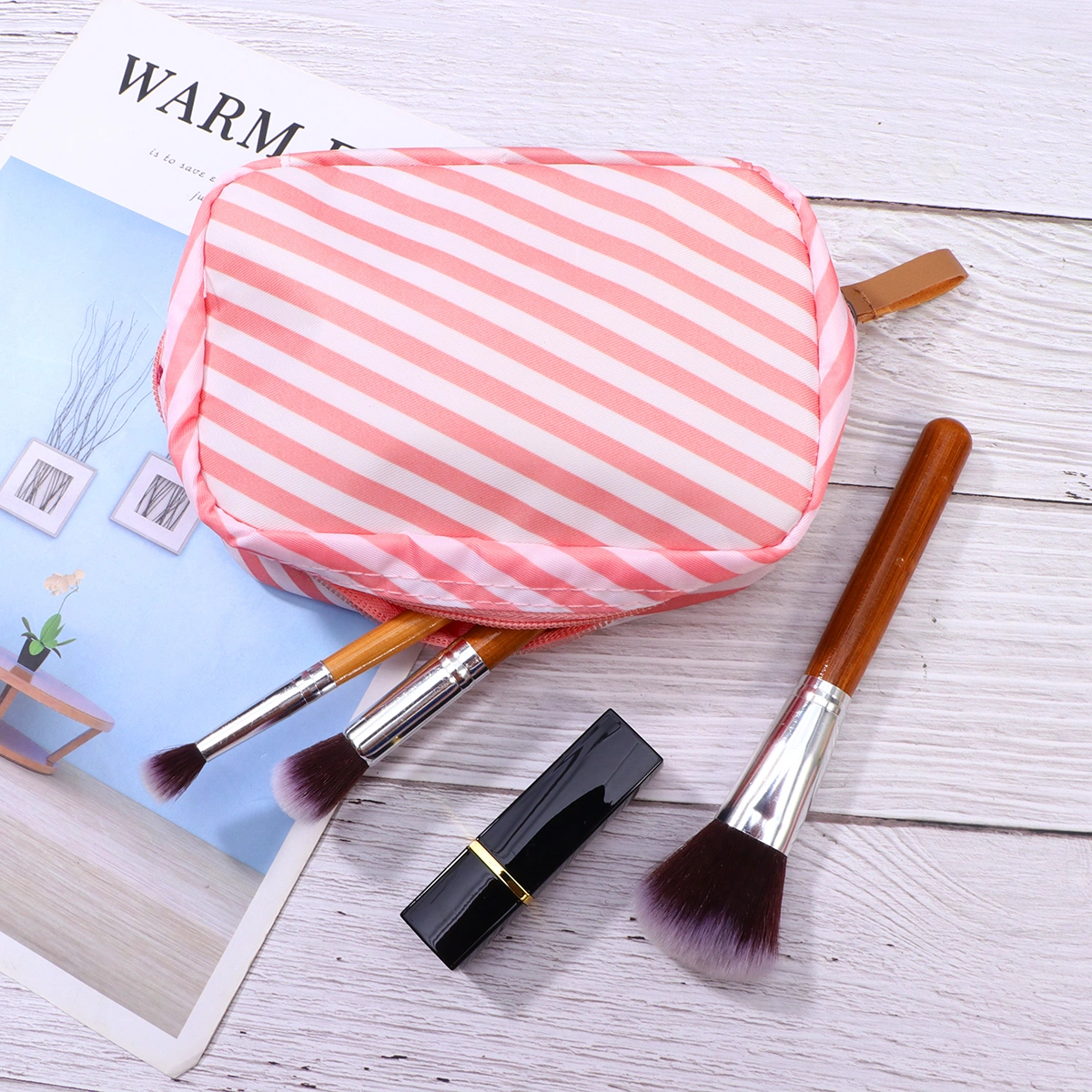 1PC Waterproof Makeup Pouch Multifunction Portable Zipper Toiletry Bag Travel Cosmetic Bag - Size L (Pink Stripe)