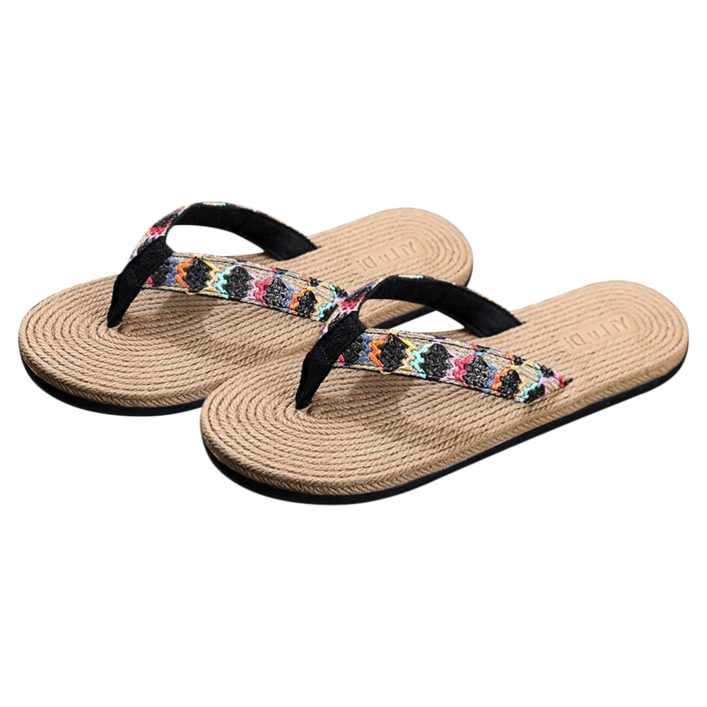 1 Pair Summer Flat Bottom Slippers Outdoor Beach Flip-flops Simulated Straw Woven Slippers Stylish Seaside Cooling Shoes for Women (Black Size 40 7.5US, 5UK, 38.5EU, 9.6285 Inch)