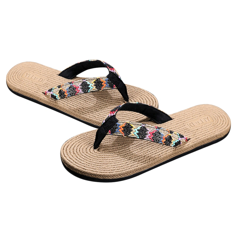 1 Pair Summer Flat Bottom Slippers Outdoor Beach Flip-flops Simulated Straw Woven Slippers Stylish Seaside Cooling Shoes for Women (Black Size 40 7.5US, 5UK, 38.5EU, 9.6285 Inch)
