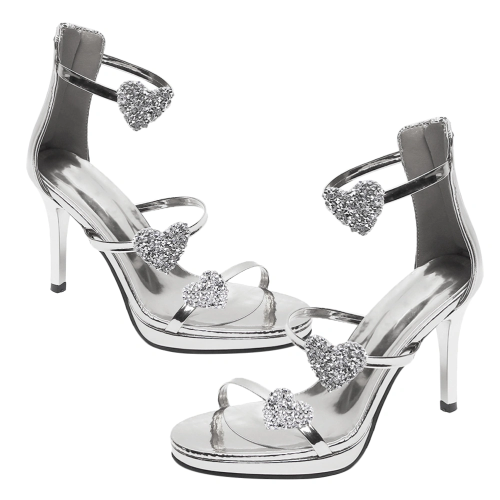 1 Pair of High Heels Summer High-heeled Sandals Rhinestone Inlaid Back Zipper Stiletto for Women Lady - Size 38 7US 4.5UK 38EU (Silver)