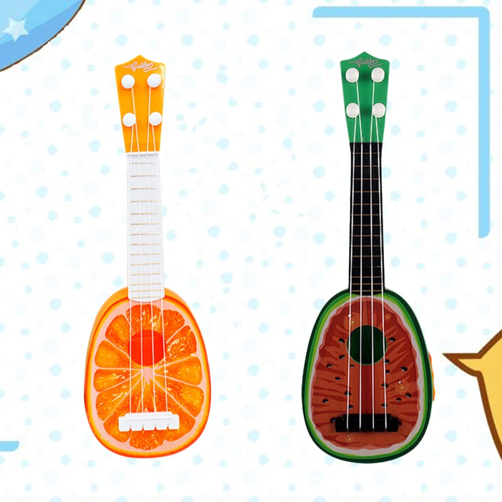 2 Pcs Plastic Imitated Ukulele Children Small Size Musical Instruments Fruits Shaped Mini Guitar Playing Toy with Four Strings (Watermelon + Orange)