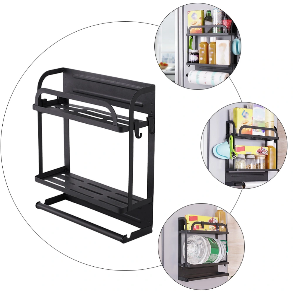 Kitchen Refrigerator Magnetic Storage Rack Paper Towel Roll Holder Side Double Tier Wall Hanging Rack with 4 Hooks for Freezer (Black)