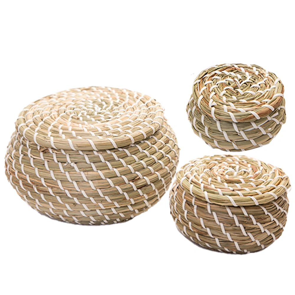 1 Set Straw Hand Woven Storage Baskets Wicker Baskets with Lid (Assorted Color)