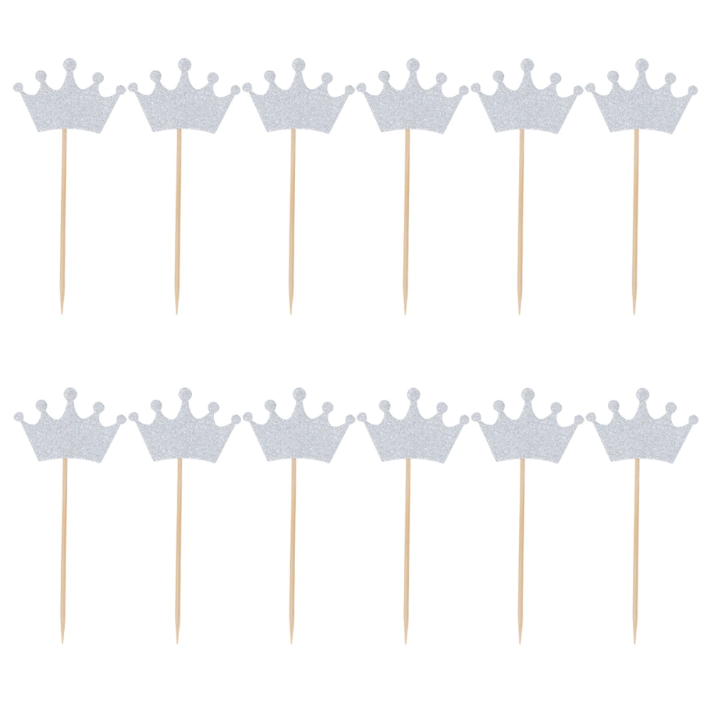 24pcs Crown Shape Cake Toppers Glitter Paper Cake Picks Cupcake Decor Party Supplies for Wedding Engagement (Silver)