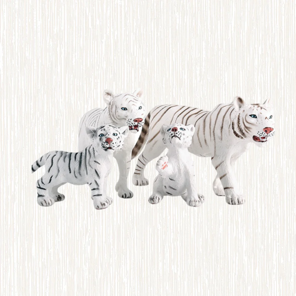 4PCS Simulated Animal Models White Tiger Decoration Lifelike Wildlife Ornament Creative Gift for Home Hotel (Tiger Family)