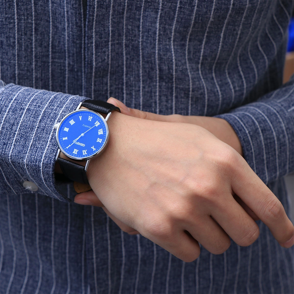 Men's Quartz Watch Fashion Casual Trendy Student Business Watch Casual Men's Watch (Black Belt Blue Surface)