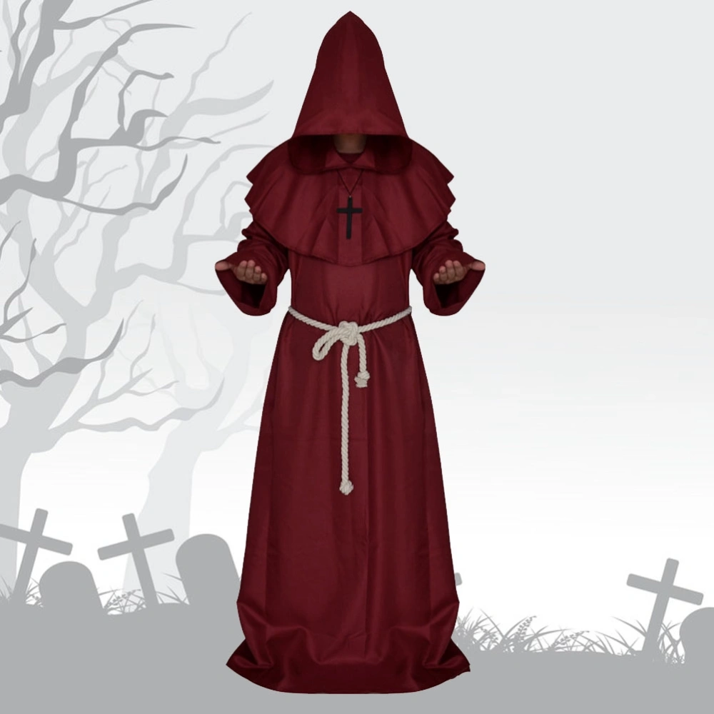 Medieval Priest Monk Robe Hooded Halloween Cosplay Costume Cloak for Wizard Sorcerer - Size S (Dark Red)