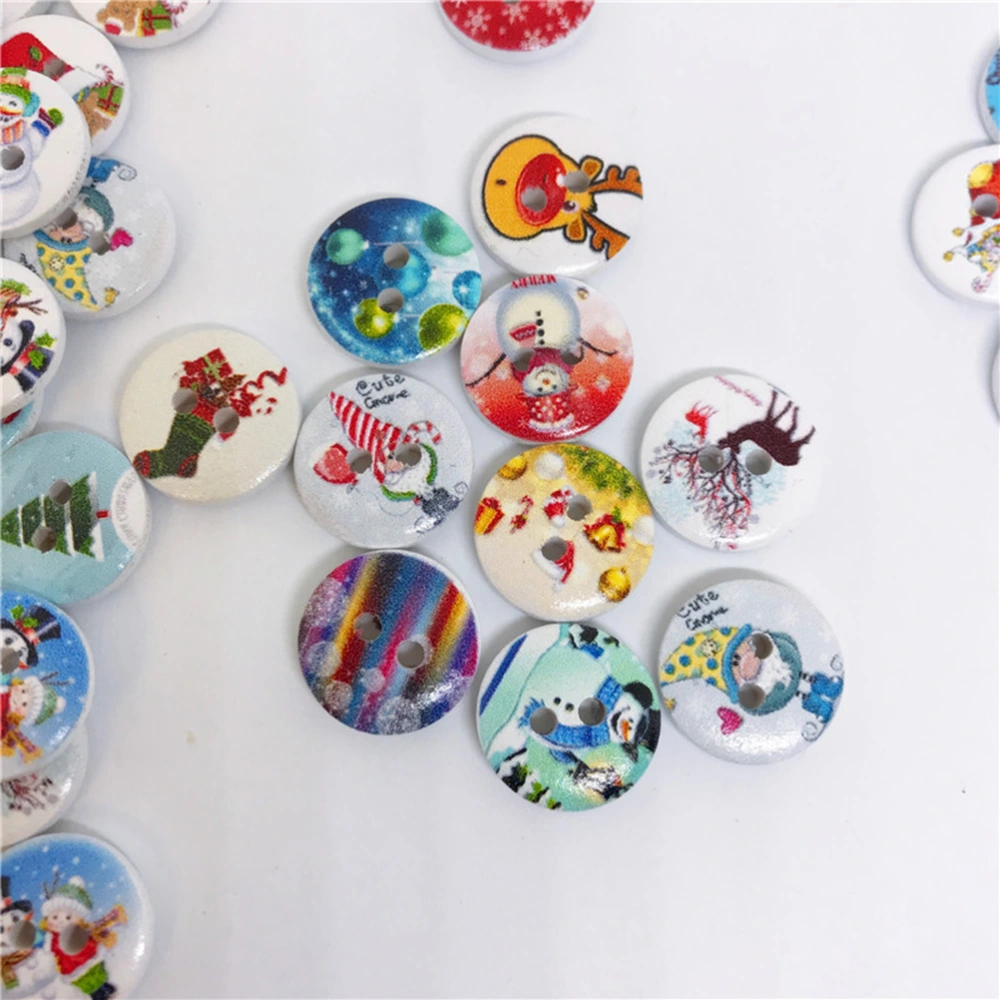 100pcs 1.5cm 2-Hole Wooden Buttons with Christmas Colored Pattern for Sewing Scrapbooking(Assorted Color)