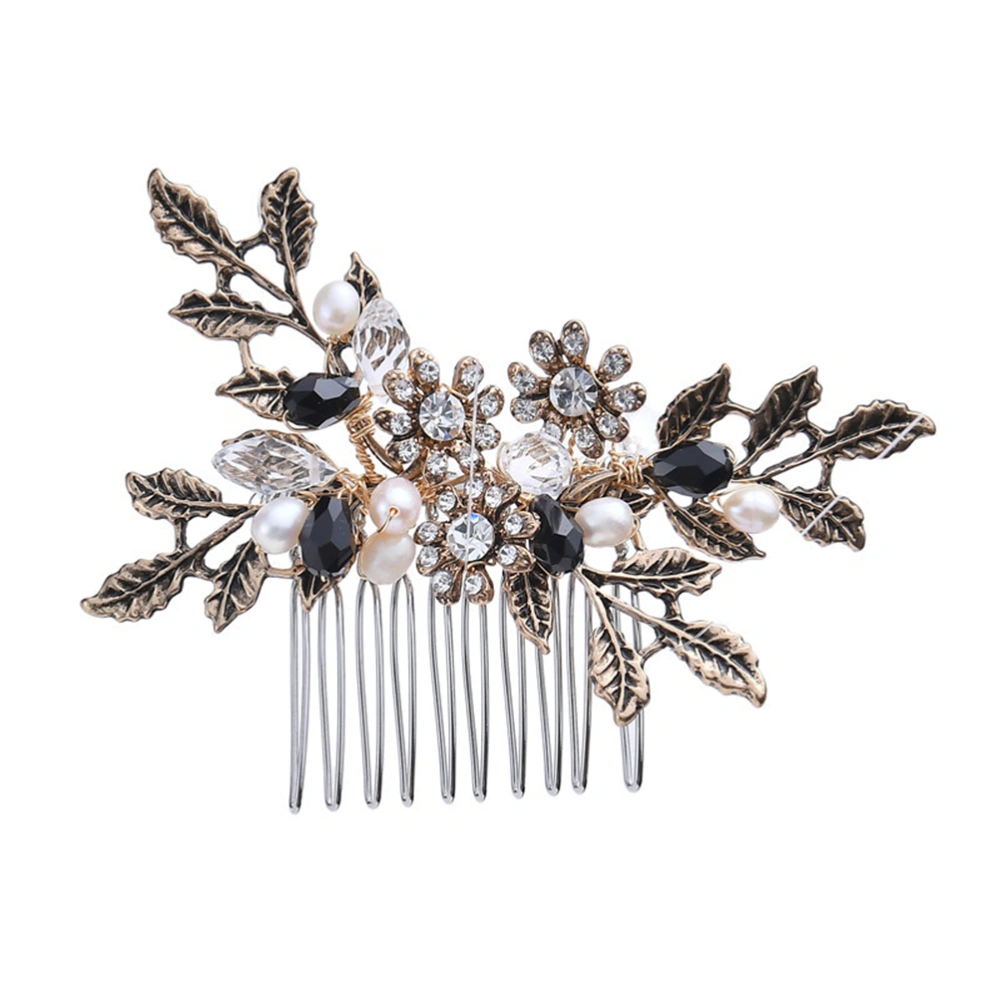 1pc Elegant Wedding Hair Comb Handmade Vintage Alloy Leaves Flower Rhinestone Bridal Insert Comb - Size S