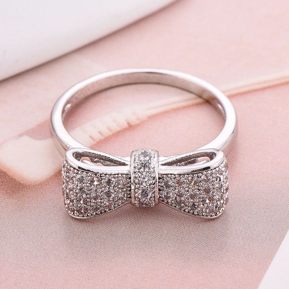 Fashion Zircon Rings White Copper Ring Bowknot Ring Jewelry Accessories for Women Girls - US Size 7