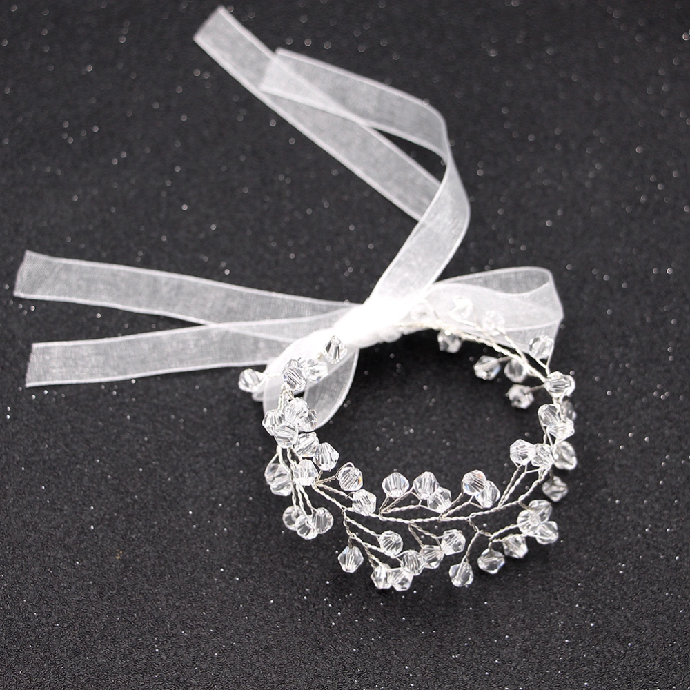 Wedding Crystal Beads Hand Flower Bridal Wrist Flower Band Decorative Bridesmaid Wristband with Yarn Ribbon for Party