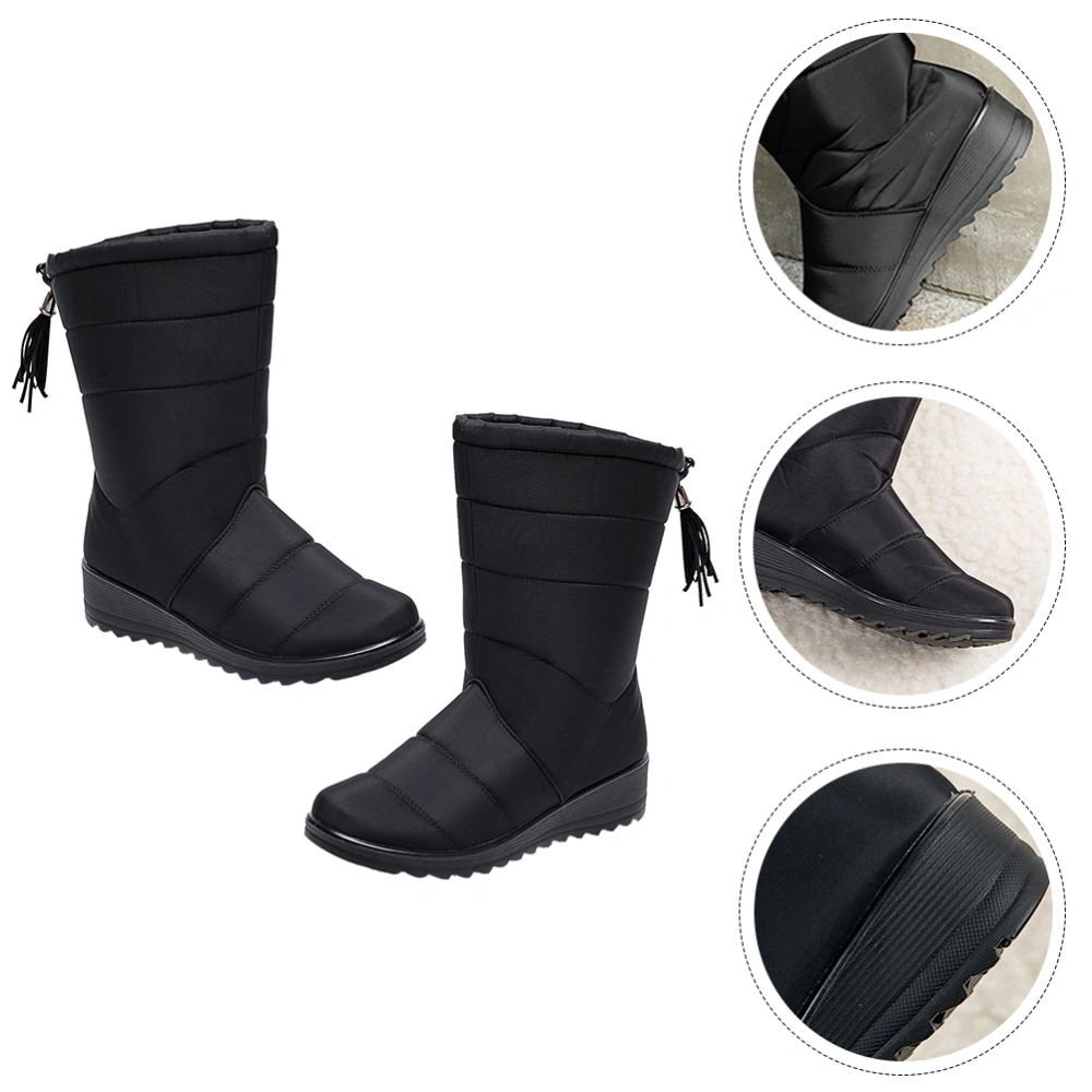 1 Pair of Women Mid-tube Boots Tassel Snow Boots Stylish Thick-soled Shoes