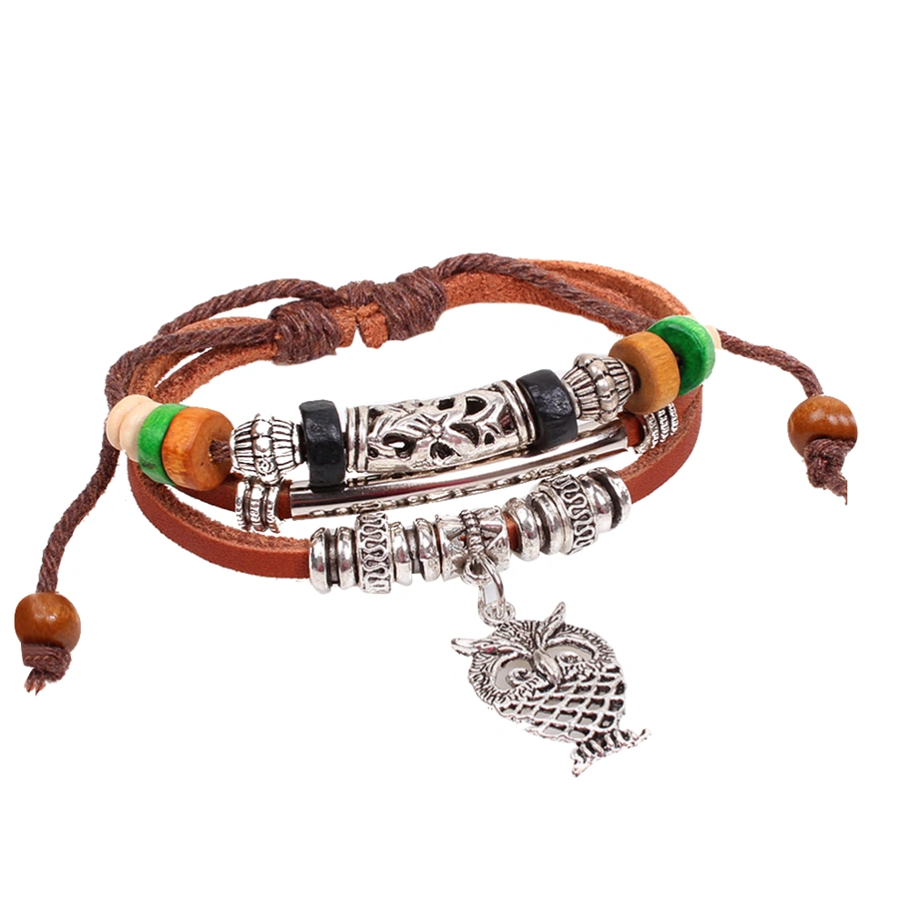 Alloy Owl Wood Bead Multilayer Adjustable Leather Bracelet Rural Exotic Bracelet Bangle for Men Women (Coffee)