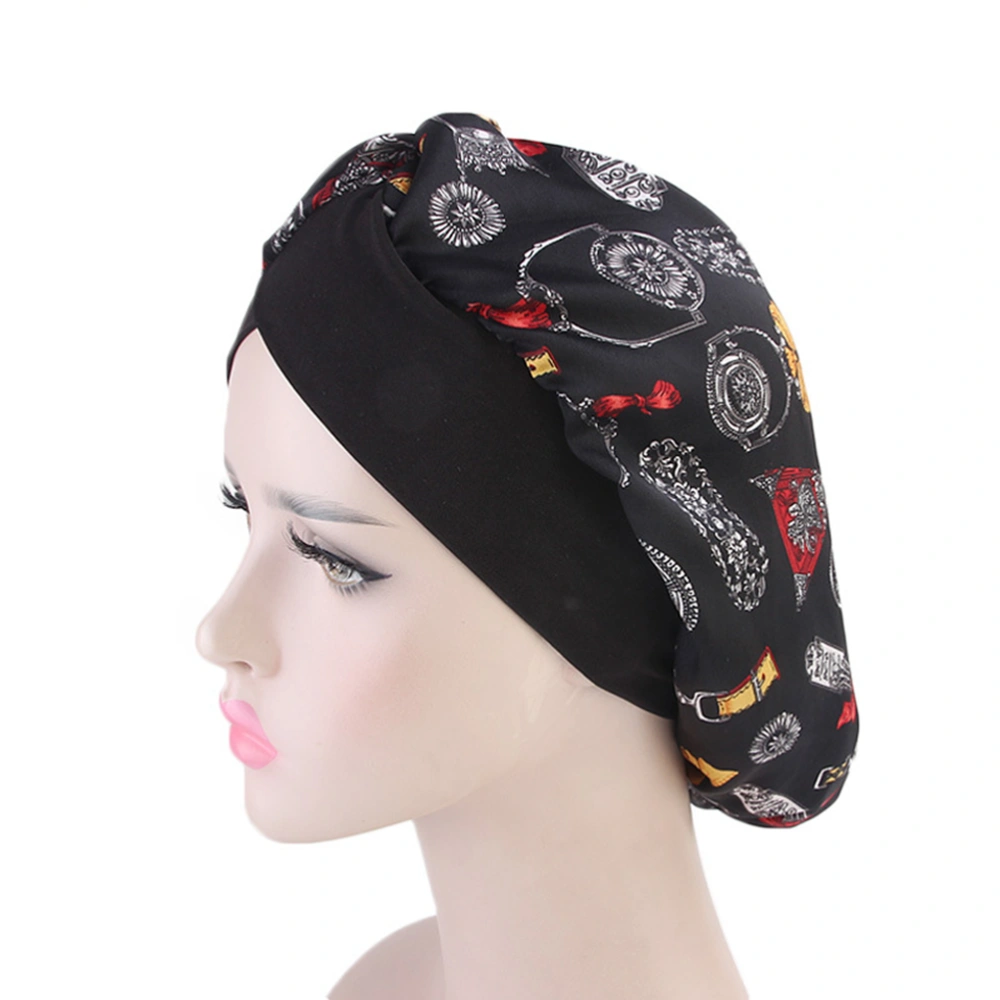 1PC Imitated Silk Head Wraped Printed Chemotherapy Nightcap for Women (Black Printing)