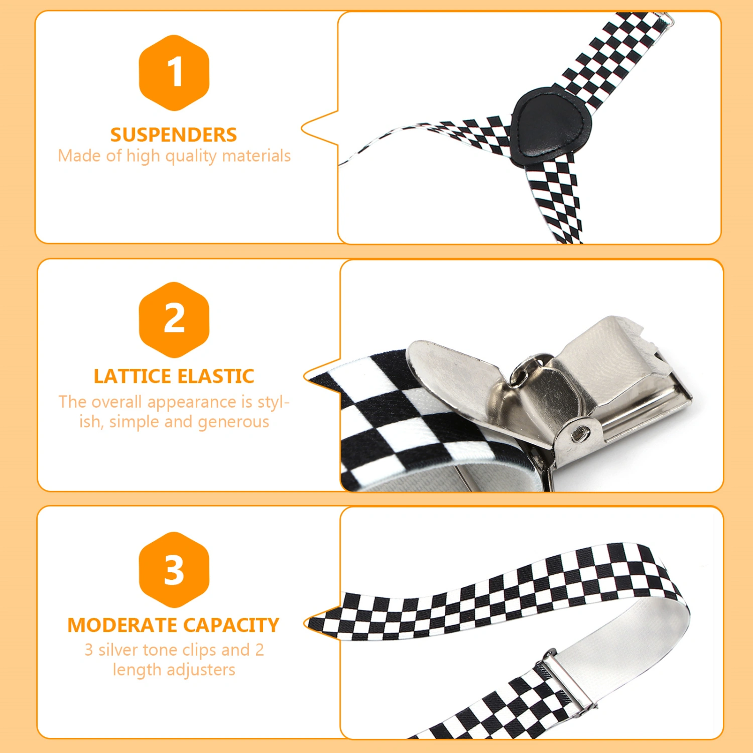 Checkered Clip-on Braces Elastic Y-back Suspender (Black+White)