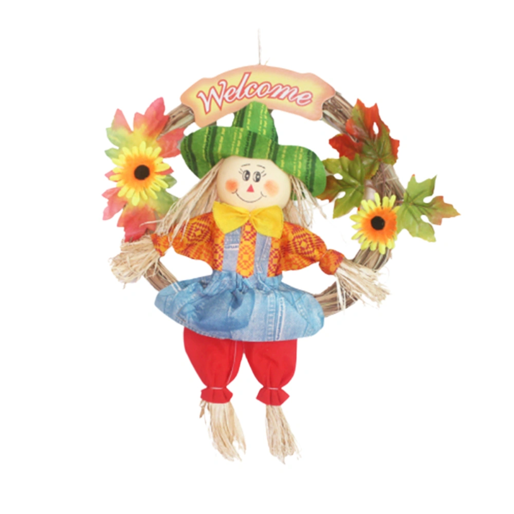 Scarecrow Wreath Hanging Scarecrow Ornament Scarecrow Garland Halloween Thanksgiving Decor Autumn Fall Harvest Decoration for Party School Home Bar Garden(Large/Female)