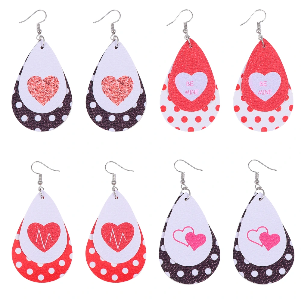 4 Pairs of Woman's Teardrop Shape Earrings Leather Valentine's Day Drop Earrings