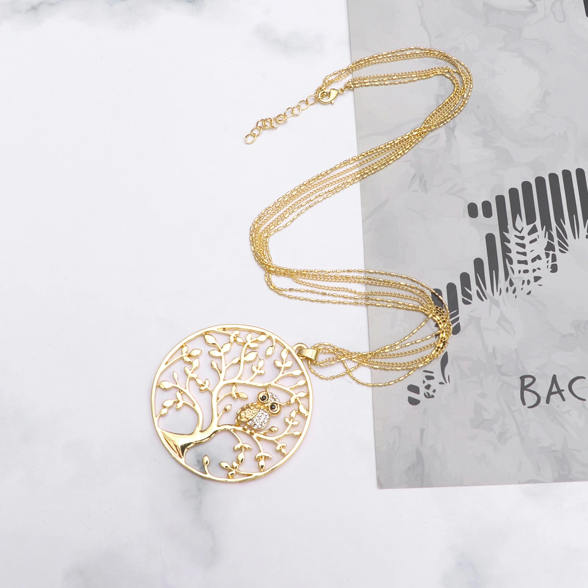 Fashion Crystal Necklace Pendant Tree Animal Owl Alloy Sweater Chain for Girls Ladies Women (Golden)