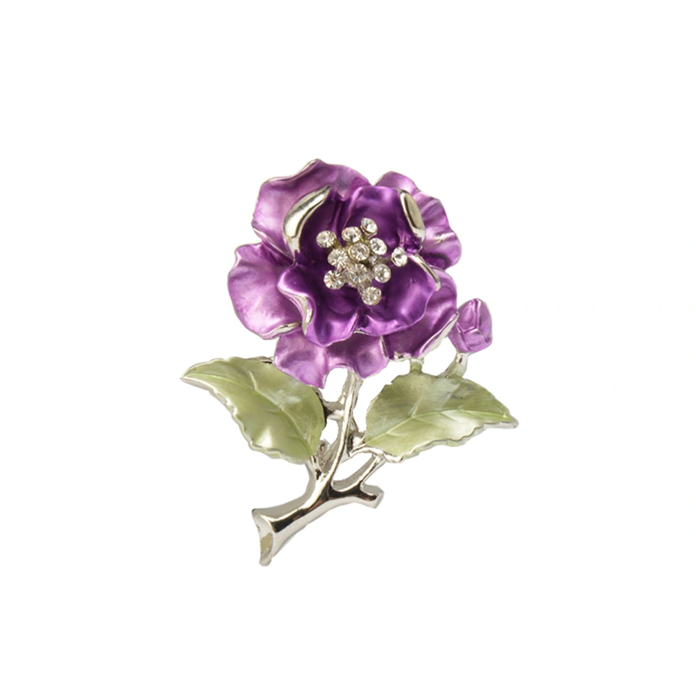 Alloy Imitation Camellia Flower Leaf Glitter Delicate Brooches Female Brooch Pin Crystal Women Brooches Jewelry Gift (Purple)