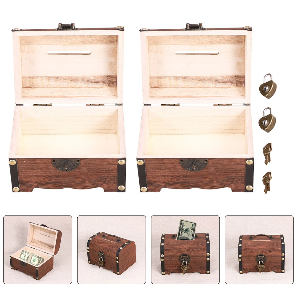 2pcs Vintage Treasure Holding Boxes Piggy Bank Organizer Saving Case with Lock