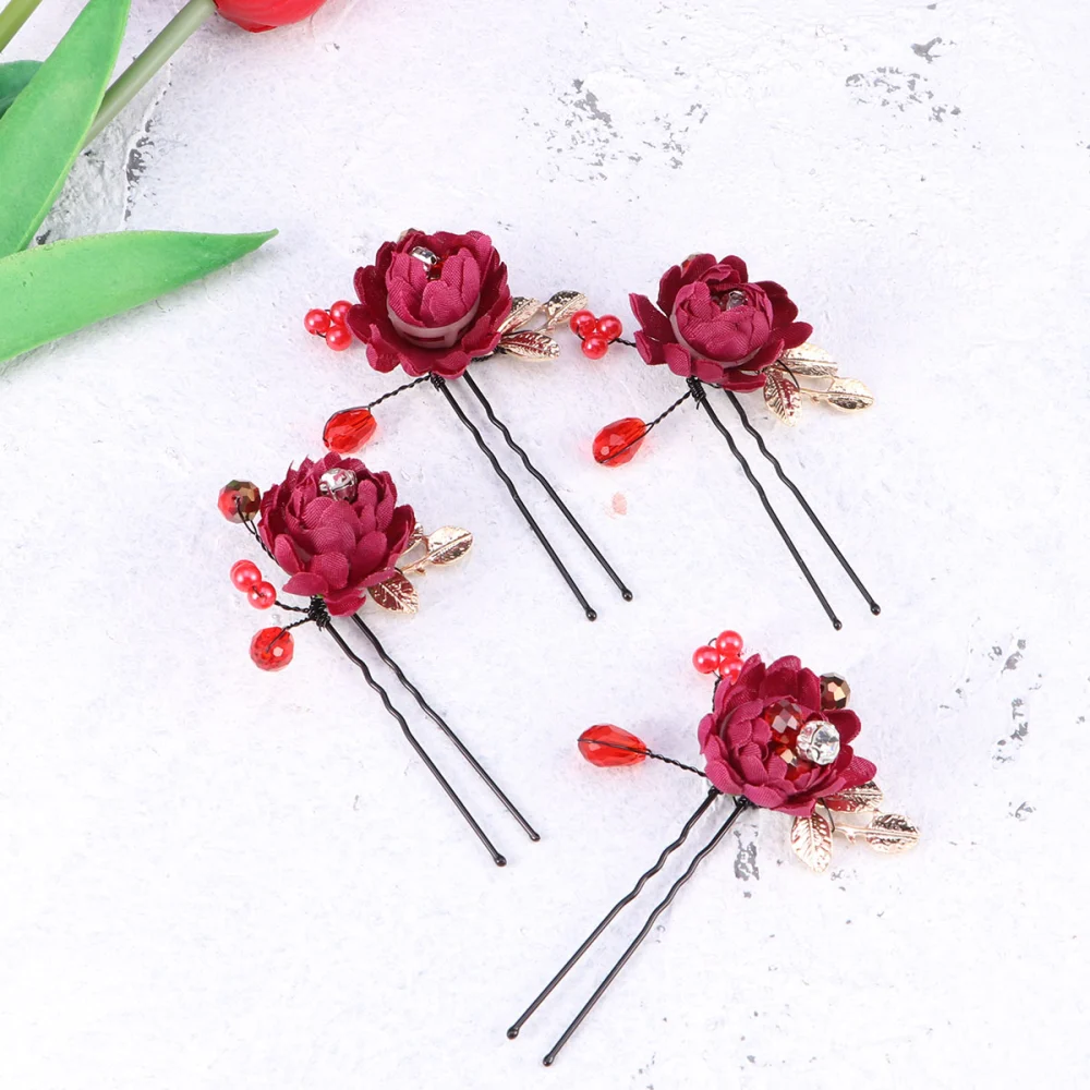 4pcs Red Flower Hair Sticks Bride Bridesmaid Hair Accessories U-shaped Updo Hair Chopsticks for Wedding