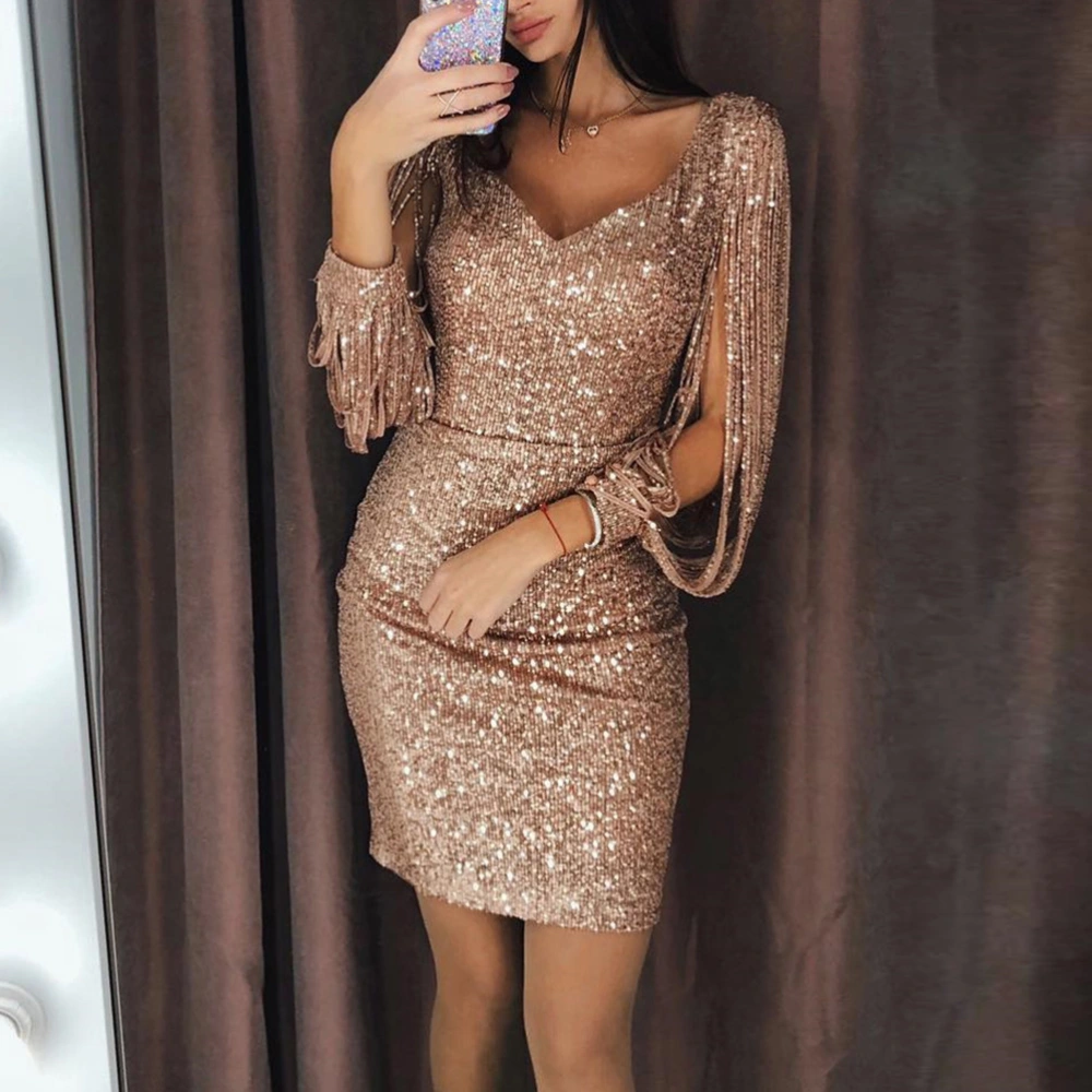 Women Sexy Party Bodycon Dress Nightclub V-neck Tassel Long Sleeve Mini Dress Cocktail Clubwear Costume - Size L (Golden)