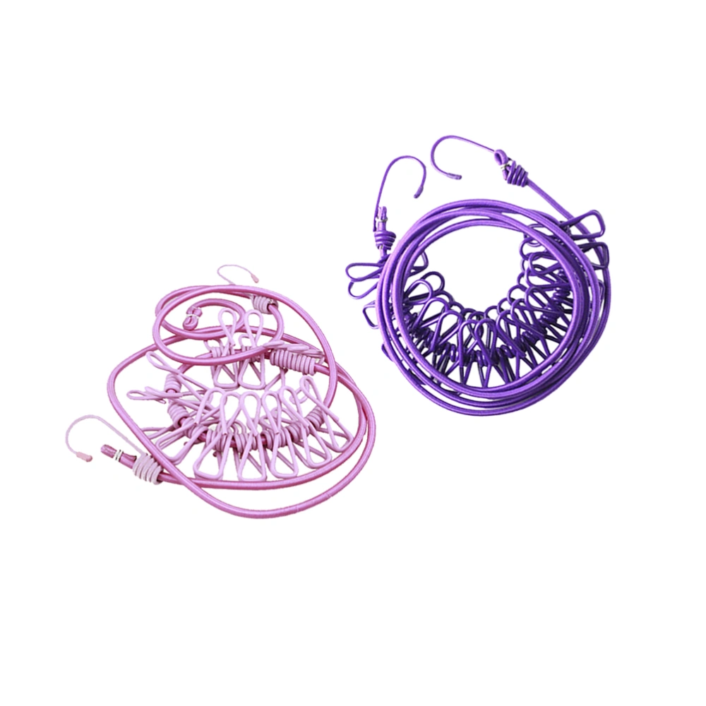 2 Pcs 12 Clips Sock Hanging Rope Laundry Stocking Storage Hangers Closet Helper Easy Laundry Rope Socks Clips for Home Travel (Purple and Pink)