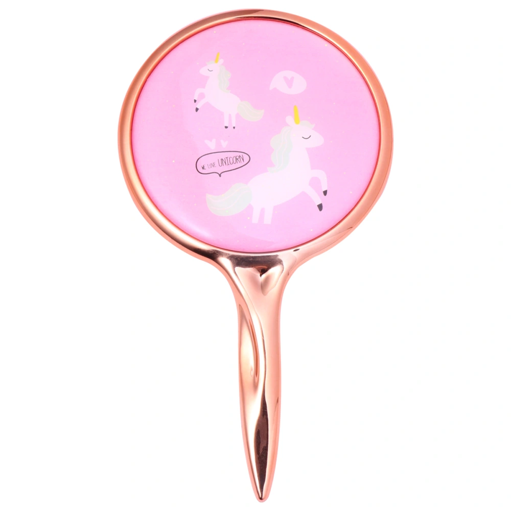 Round Mini Makeup Mirror Stylish Unicorn Pattern Mirror Handle Makeup Mirror for Home Salon Use (Pink)