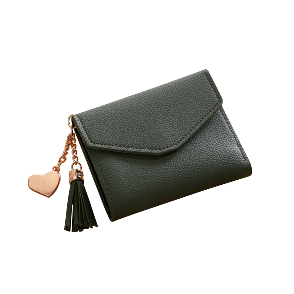 Women Litchi Grain PU Leather Wallet Mini Triple Folded Purse for Cards Coins Cash Holding with Tassel Pendant(Dark Green)