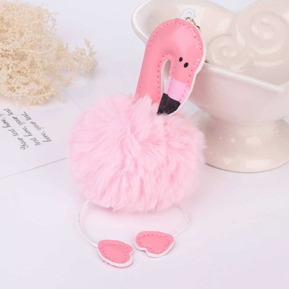 Key Chains Flamingo Key Ring Fur Ball Pom Pom Keychain for Bag Cellphone Car Key Pendant (White)