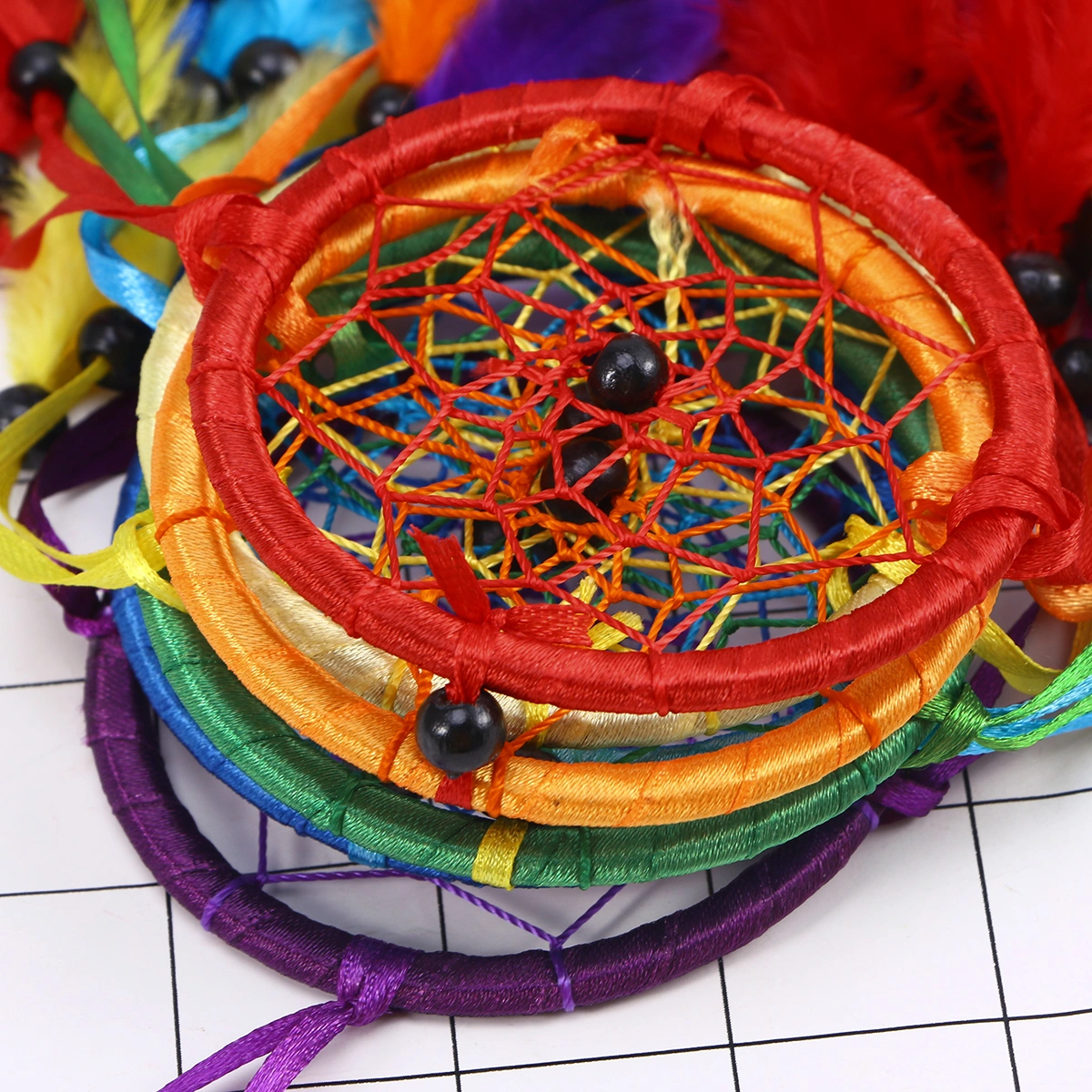 Long Handmade Bohemian Dream Catcher Ethical Hanging Dreamcatcher Wall Art with Multicoloured Rainbow Feathers and Beads Traditional Crochet Hanging Pendant Decoration