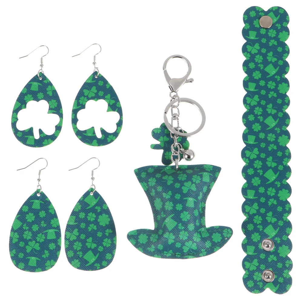 2 Pairs St Patrick's Day Earrings with Key Chain and Bracelet Women Jewelry Set