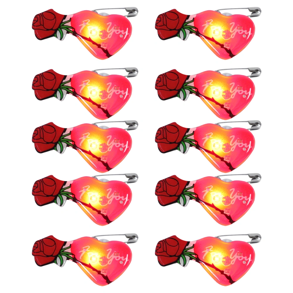 10Pcs Heart Rose Shaped Glowing Design Brooch Decor for Romantic Party Using