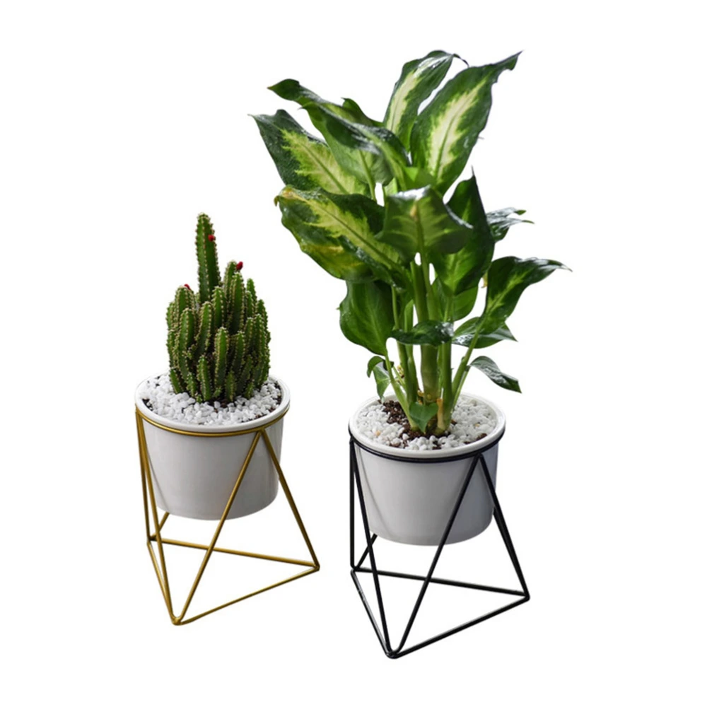 Triangle Geometric Iron Stand Rack with Ceramic Flower Pot Plant Display Stand Home Garden Decor Set (Black Rack and White Pot)