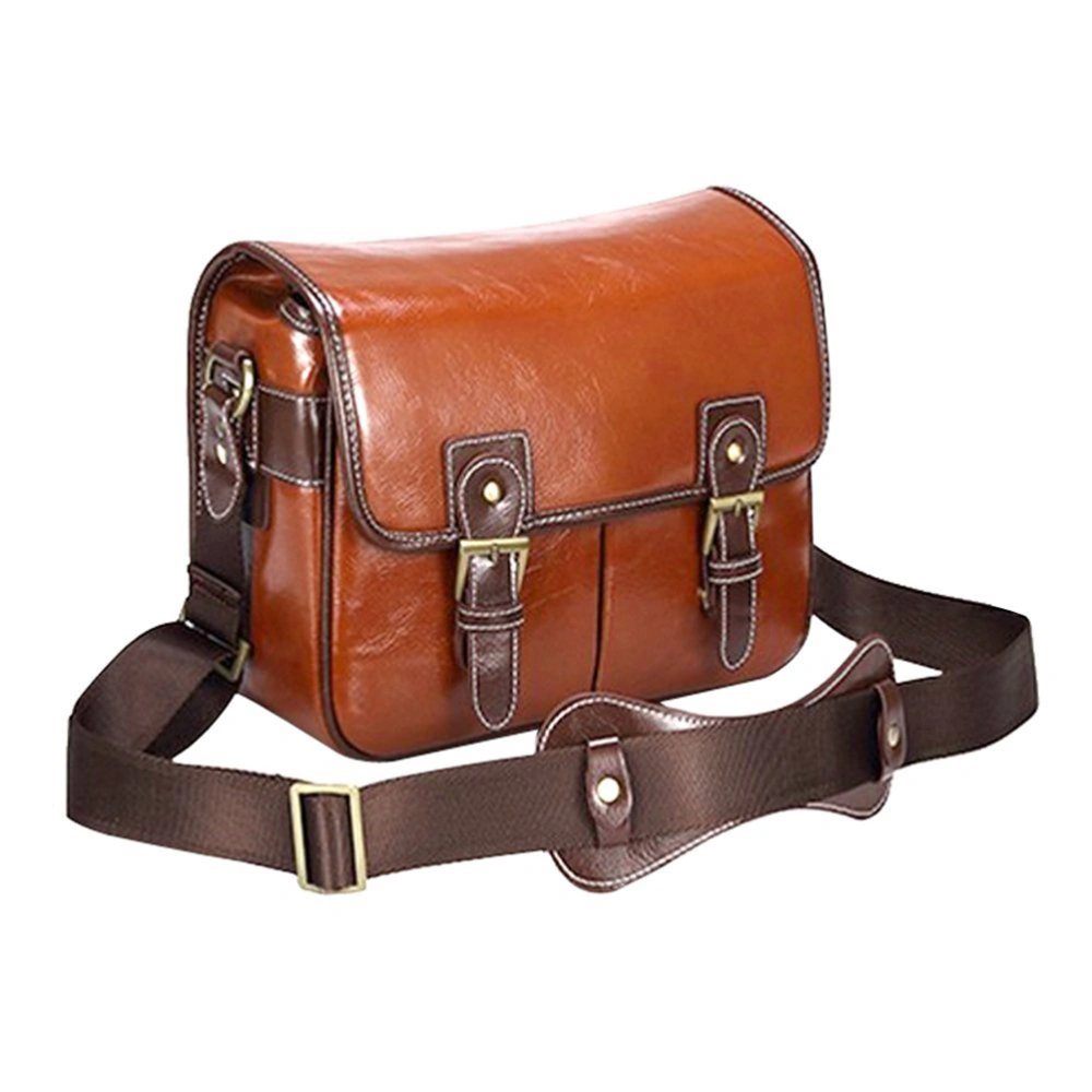 Multi-function PU Leather Waterproof SLR DSLR Camera Bag Shoulder Messenger Bag Outdoor Portable Photography Video Pouch for Travelling Hiking Mountaineering Camping - Size L (Red Brown)