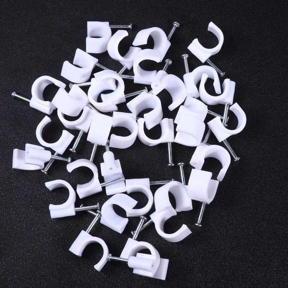 100pcs PVC Pipe Clamp 14mm Circle Electrician Tube Support Hook Steel Nails Line Cable Clips Wire Wall Fixed Holder (White)