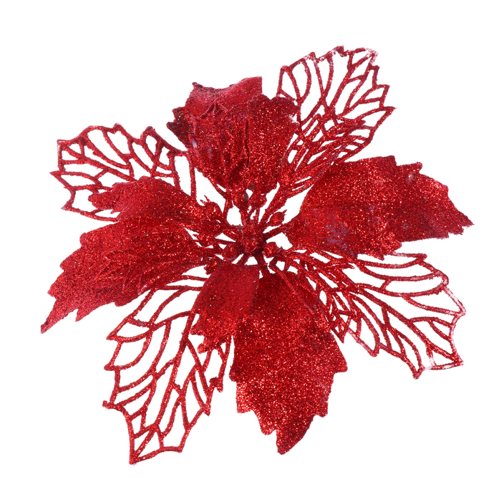 Red Christmas Tree Decorative Flower Glitter Simulate Flower Ornaments Hollow Out Delicate Flowers