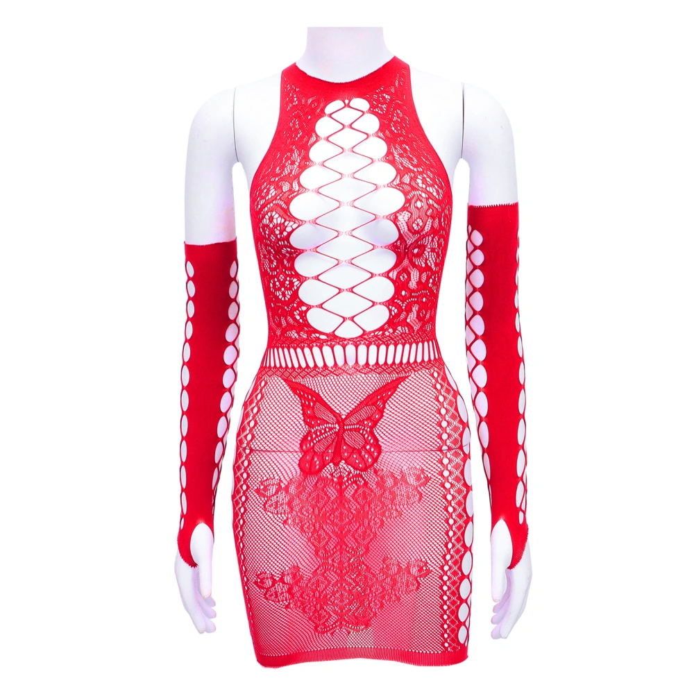 Women Mesh Lingerie Fishnet Mini Dress Chemise Sexy Bodysuit with Net Gloves