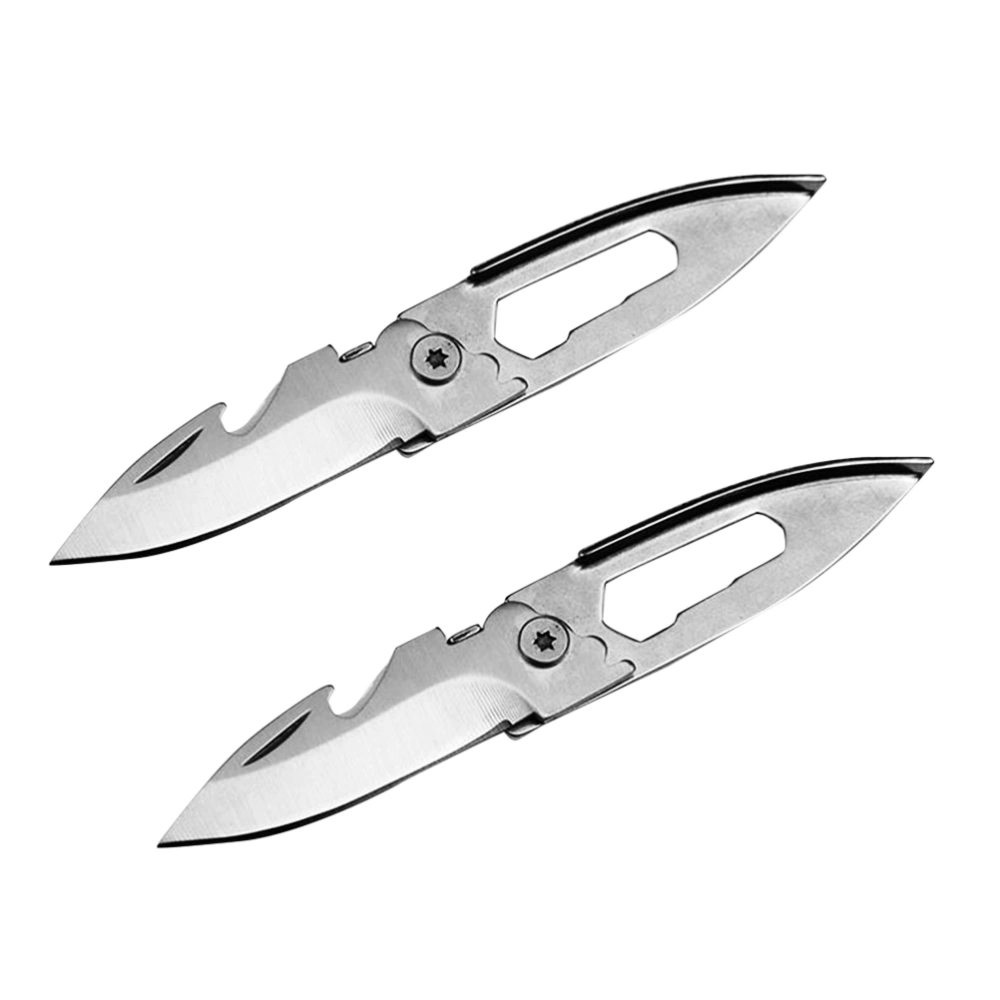 2pcs Mini Multifunction Key Chain Knives Fruit Bottle Opener Folding Pocket Outdoor Camping Survival Tools (Silver)