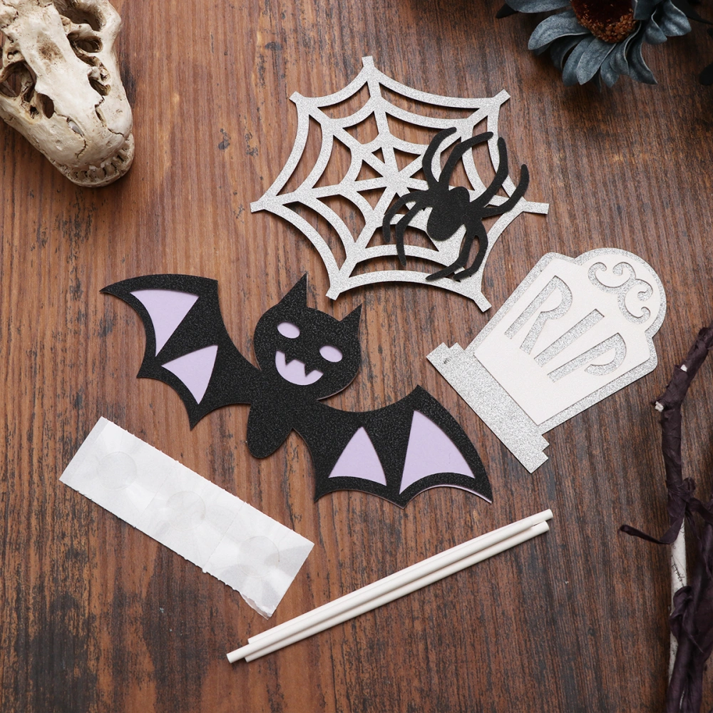 3PCS Halloween Cake Topper Funny Glitter Bat Spider Web Tombstone Dessert Fruit Insert for Festival Party Gathering