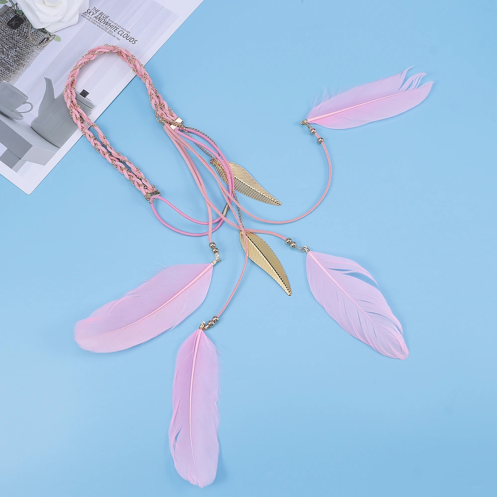 Woven Headband Feather Leaf Pendant Colorful Hair Hoops Chain Braid Hair Band for Women Girls Pink