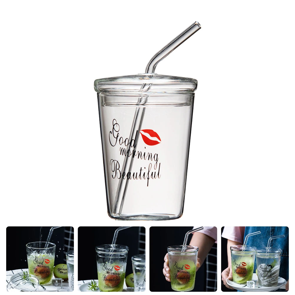 1 Set Glass Straw Cup Large Capacity Glass Cup Household Beverage Cup Glass Cup