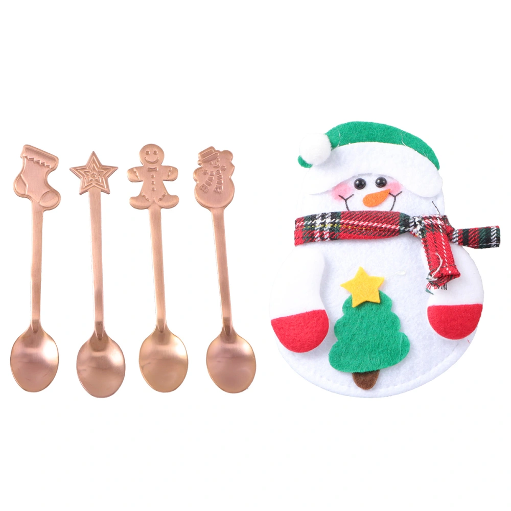 5 Pcs Stainless Steel Spoons and Packing Bag 4-Pieces Portable Christmas Spoons Food Dessert Serving Spoons Coffee Tea Spoons for Christmas Xmas Party (Rose Gold)