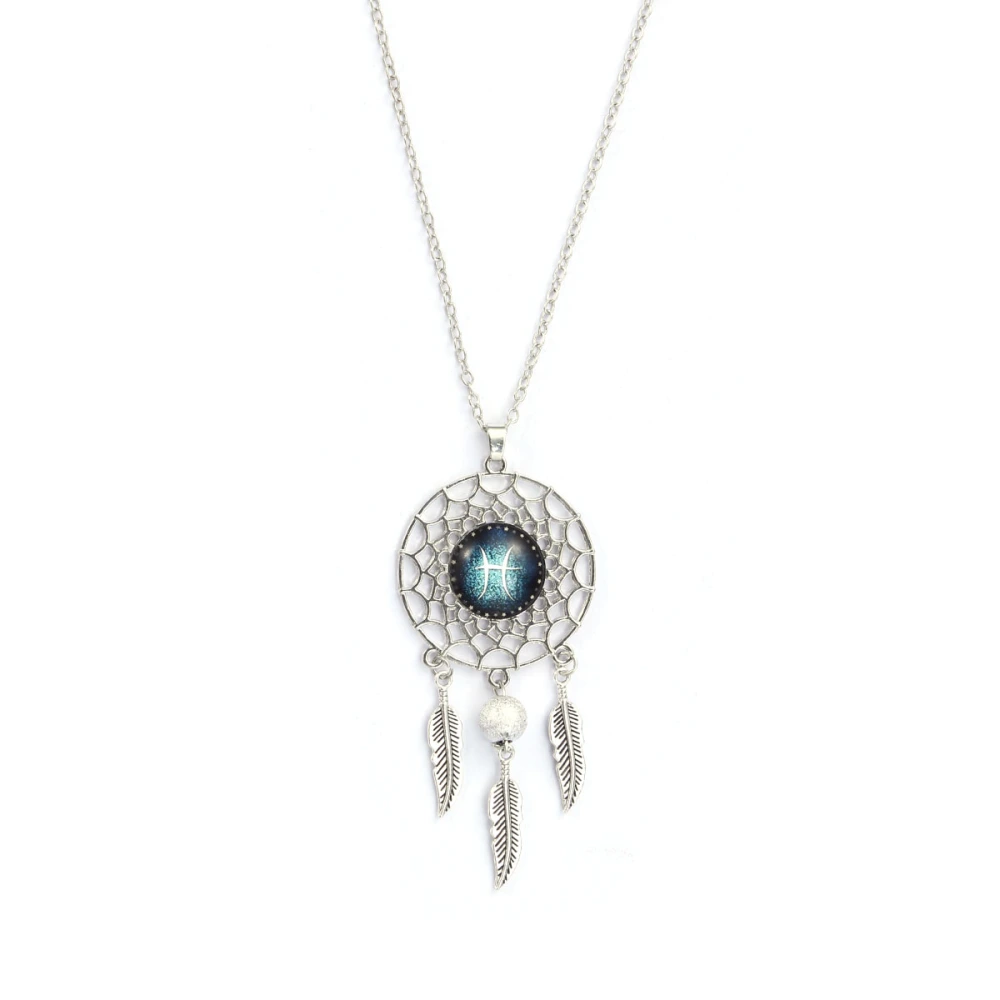 Dreamcatcher Necklace Retro Bohemia Zodiac Sign Pendant Dangling Feather Tassel Charm Chain Constellation Jewelry for Women Girls Gift (Pisces)