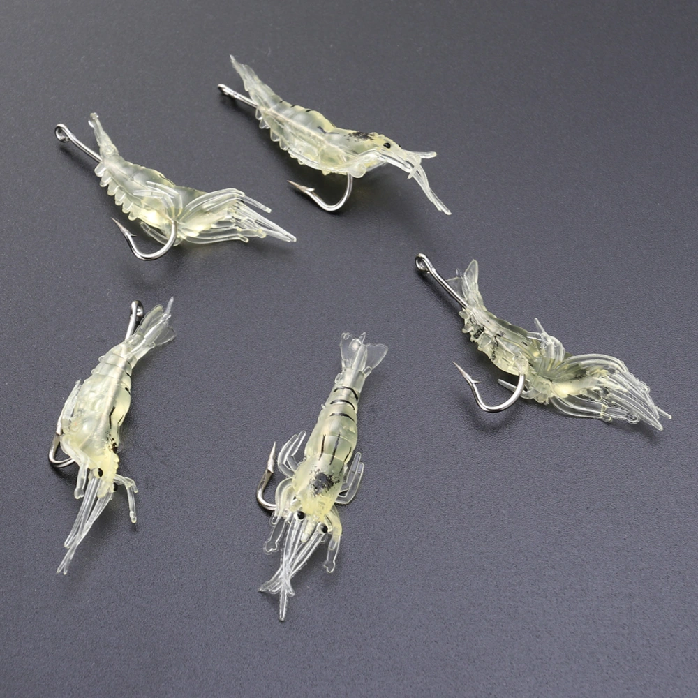 5pcs 4cm Bait Shrimp Simulation Grass Shrimp Environment Friendly Plastic Fish Smell Luring Effect Good Fishing Gear(Transparent Yellow Belt Hook)