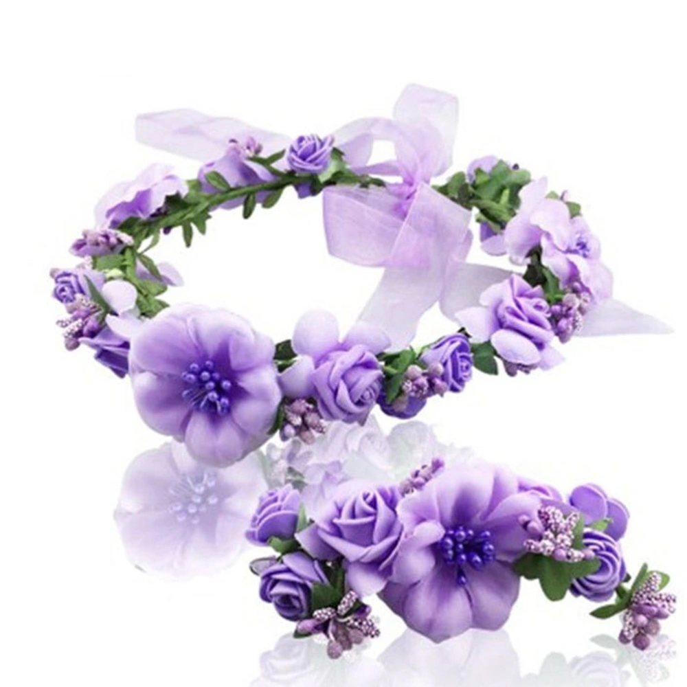 Flower Headband Hair Wreath Floral Garland Crown Headpiece for Bride Bridesmaid (Purple)