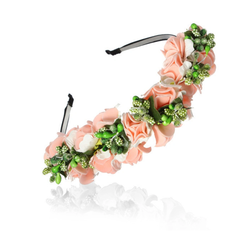 DIY Roses Wreath Hairband Wide Floral Garland Headband Bridal Headdress Hair (Pink Petal and Green Core)