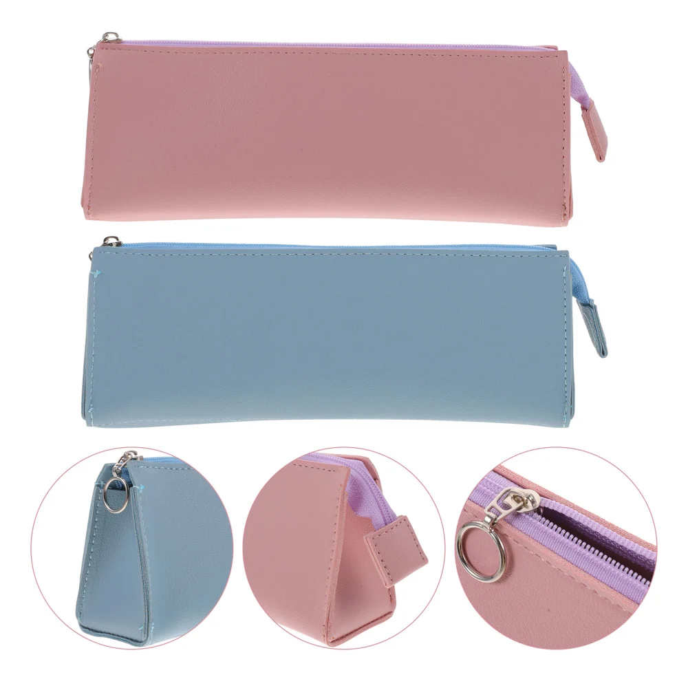 2Pcs PU Leather Pencil Bag Students Pencil Holder Stationery Storage Bag Minimalist Pen Organizer Makeup Bag Silver Pink