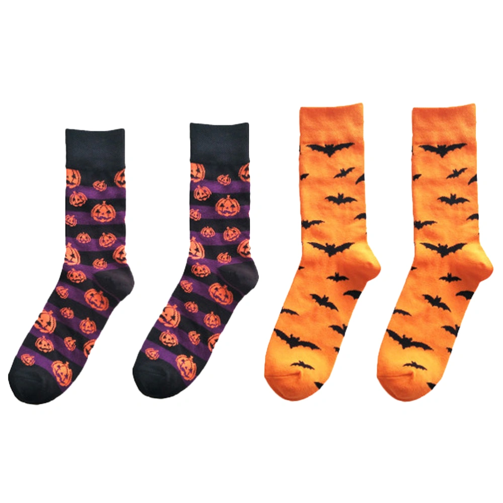 1 Set 2 Pairs Halloween Socks Cotton Mid-calf Socks Man Calf Socks Comfortable Halloween Socks for Man (Free Size Bat Pumpkin for Each 1 Pairs)