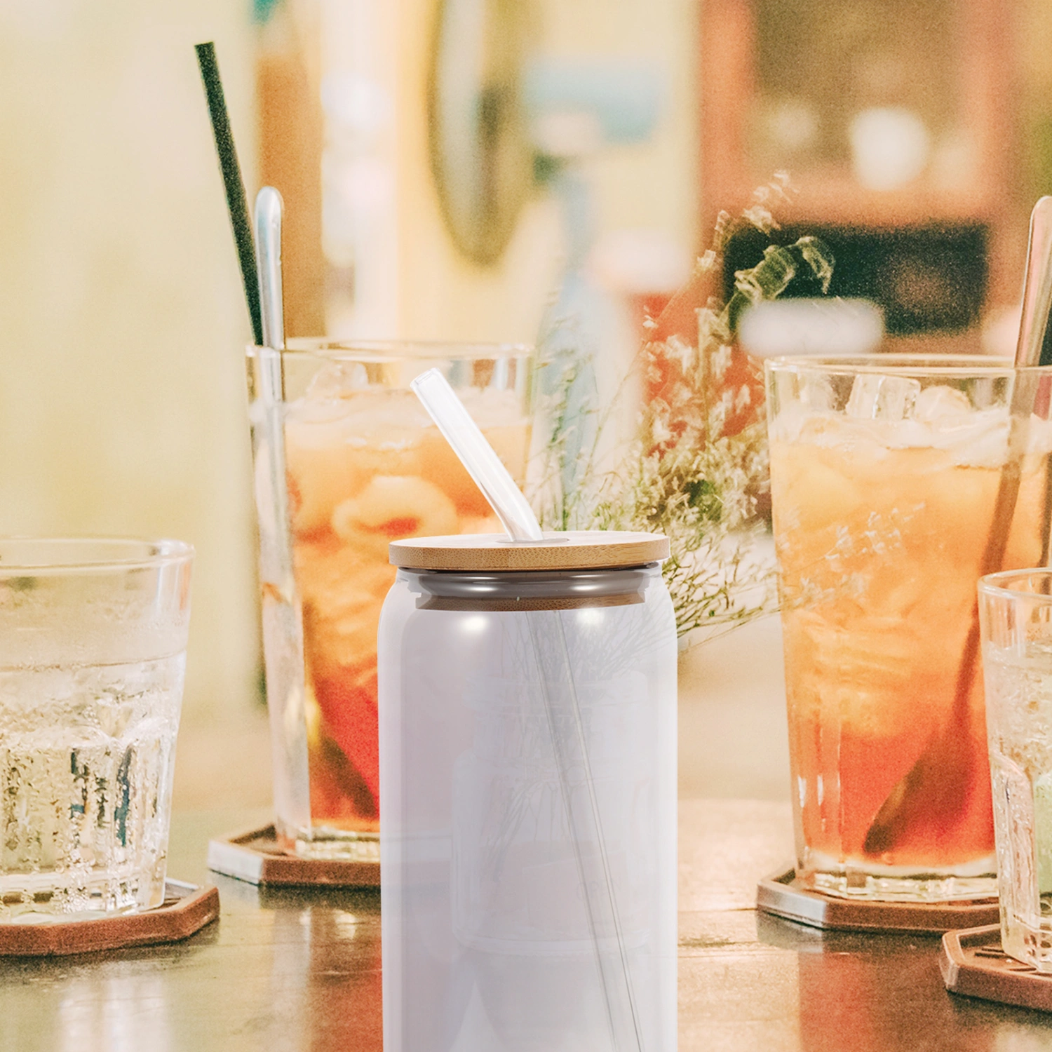 1 Set of Glass Water Cup with Straw Coffee Cup Transparent Juice Cup Can Shaped Glass Cup